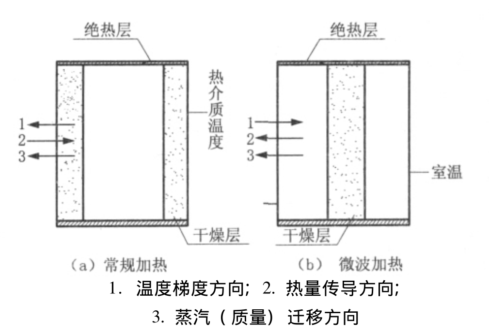 图1 常规加热与微波加热机理以及热量和质量迁移方向模型示意图